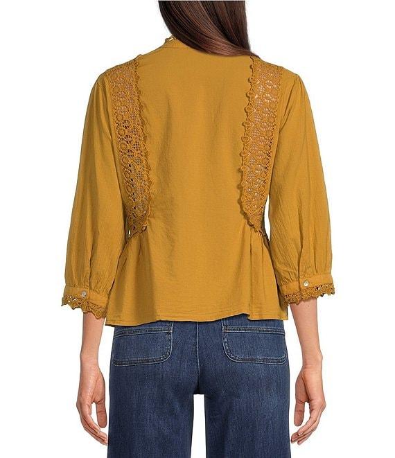 Democracy Woven High Neck 3/4 Sleeve Crochet Lace Peplum Woven Top Product Image