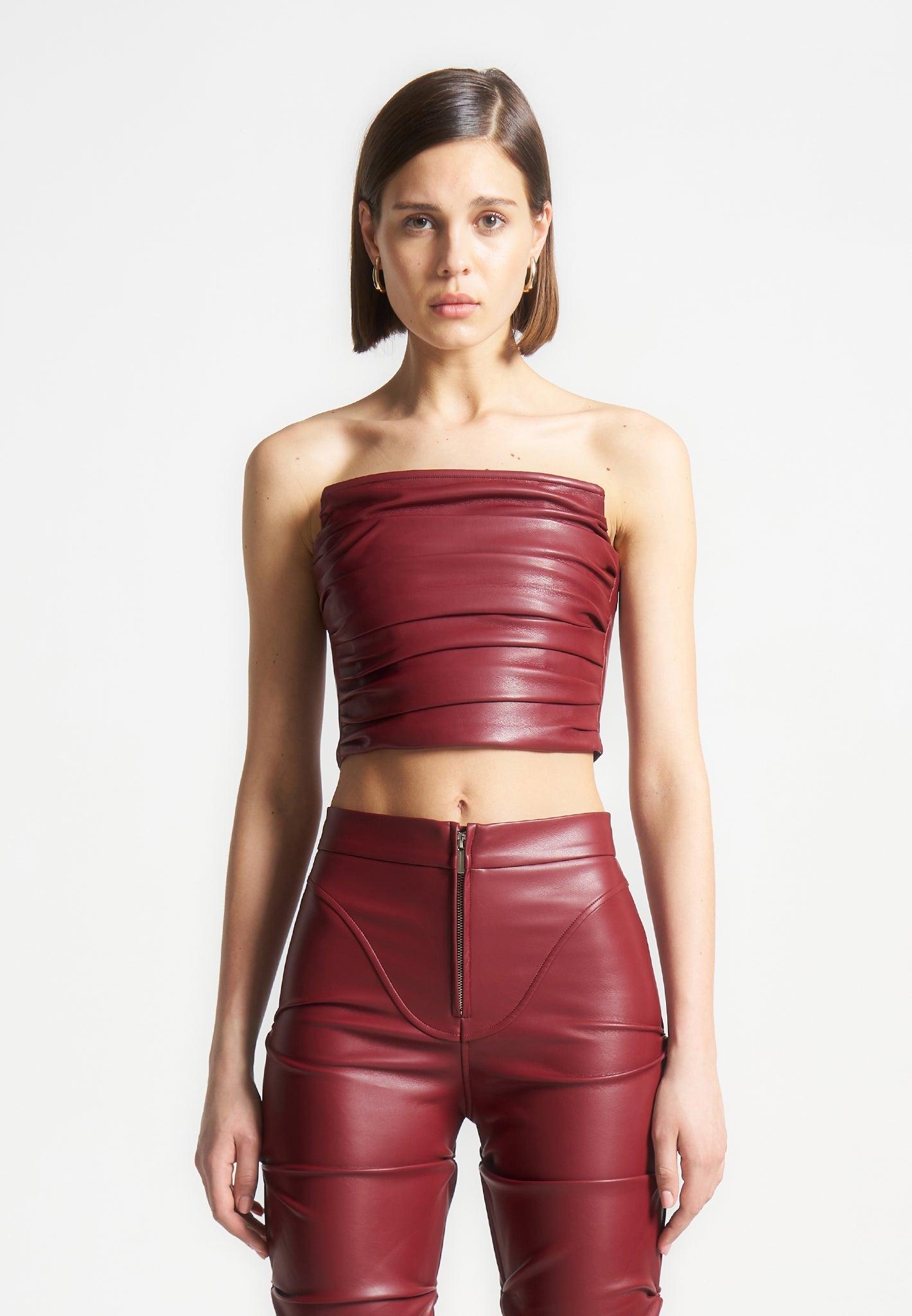 Pleated Bandeau Leather Corset Top - Wine Red Female Product Image