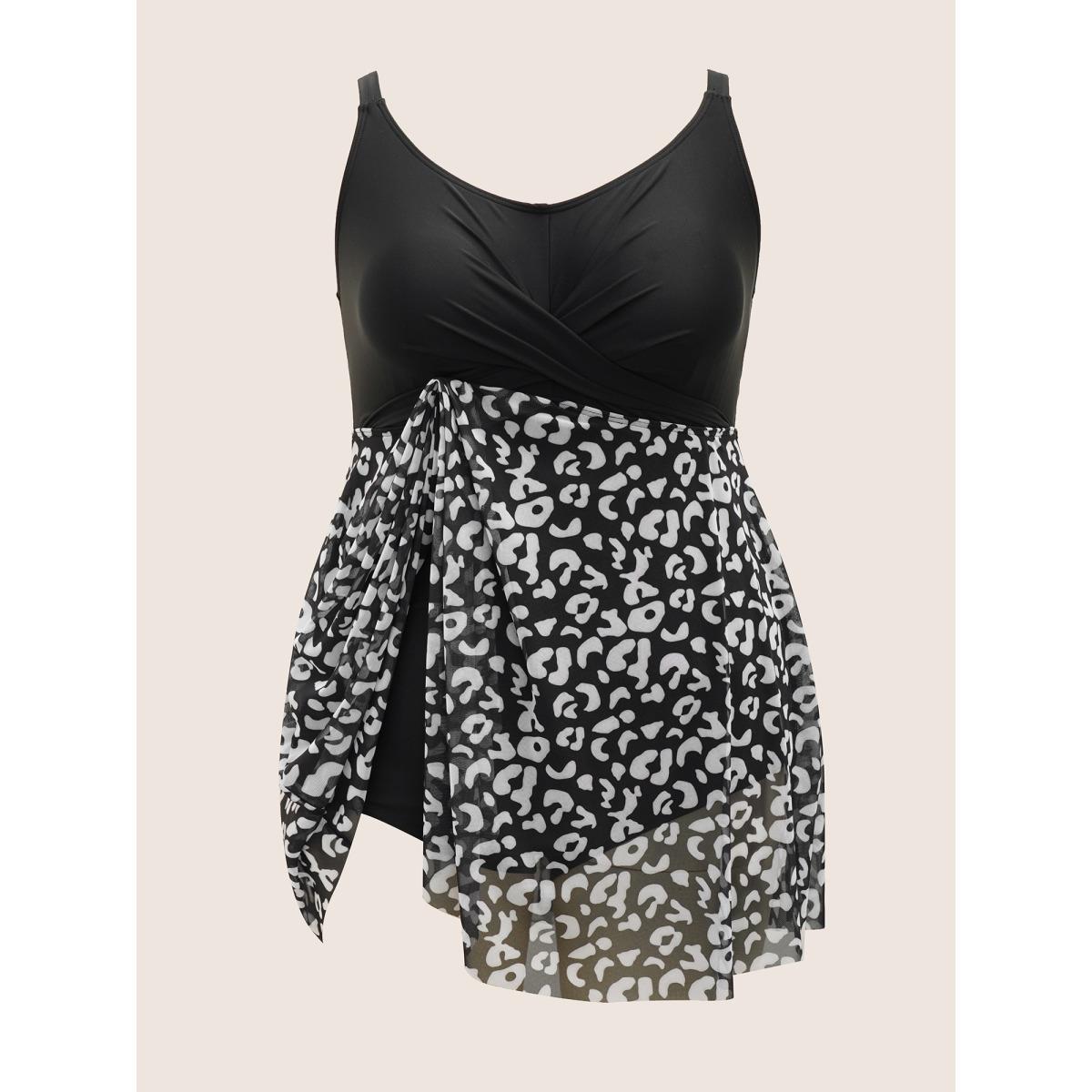 Plus Size Leopard Print Patchwork Heart Neckline Swim Dress Women's Swimwear Black Beach Bodycon U-neck High stretch Curve Swim Dresses BloomChic 30/6X Product Image