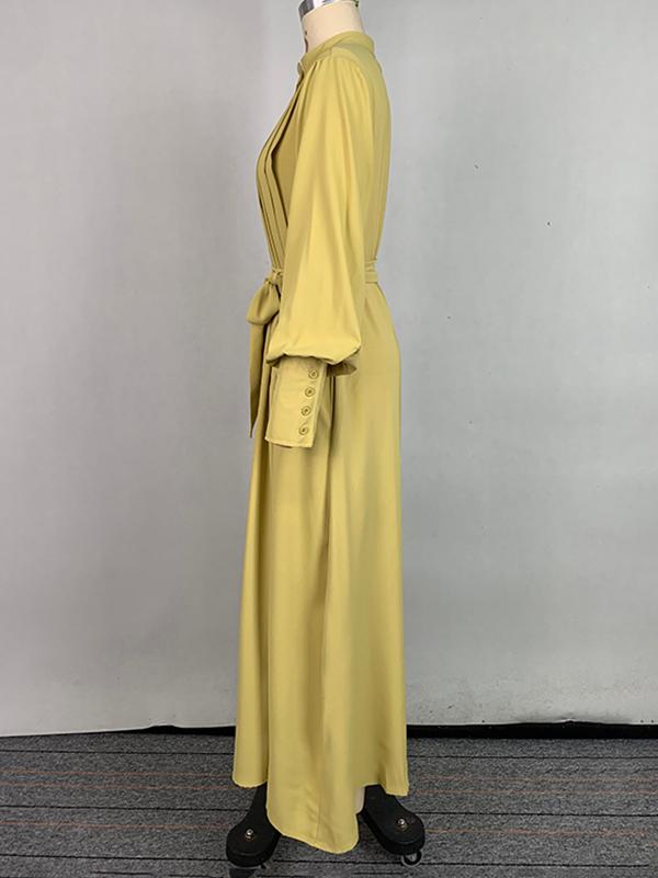 A-Line Long Sleeves Buttoned Pleated Pockets Solid Color Tied Waist V-Neck Maxi Dresses Product Image