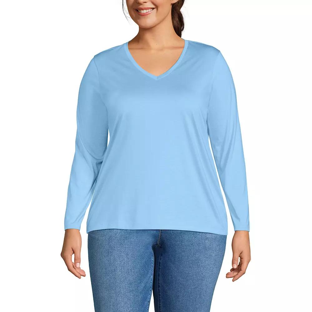 Plus Size Lands' End Long Sleeve Relaxed-Fit Supima Cotton V-Neck Tee, Women's, Size: 1XL, Bermuda Blue Product Image