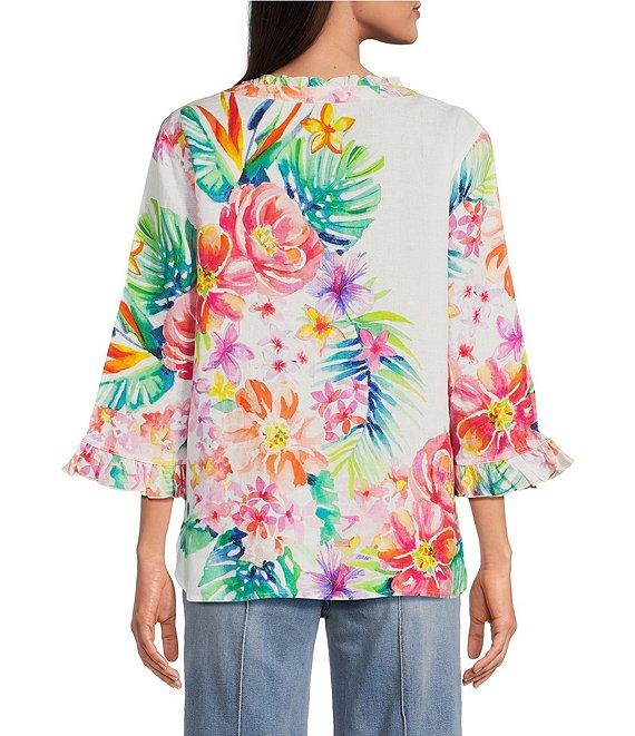 John Mark Floral Printed Split-V Neck 3/4 Ruffle Sleeve Top Product Image