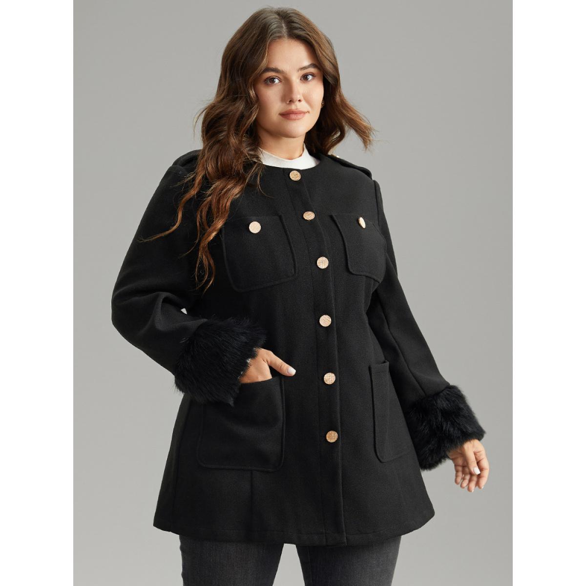 Plus Size Solid Fuzzy Sleeve Pocket Metal Detail Coat Women Black Casual Plain Ladies Dailywear Winter Coats BloomChic 26/4X Product Image