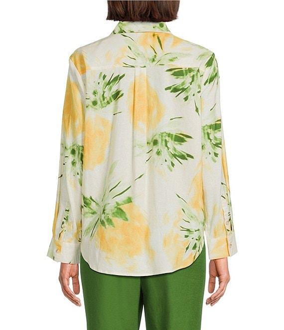 Investments Woven Pineapple Print Long Sleeve Point Collar Button Front Top Product Image