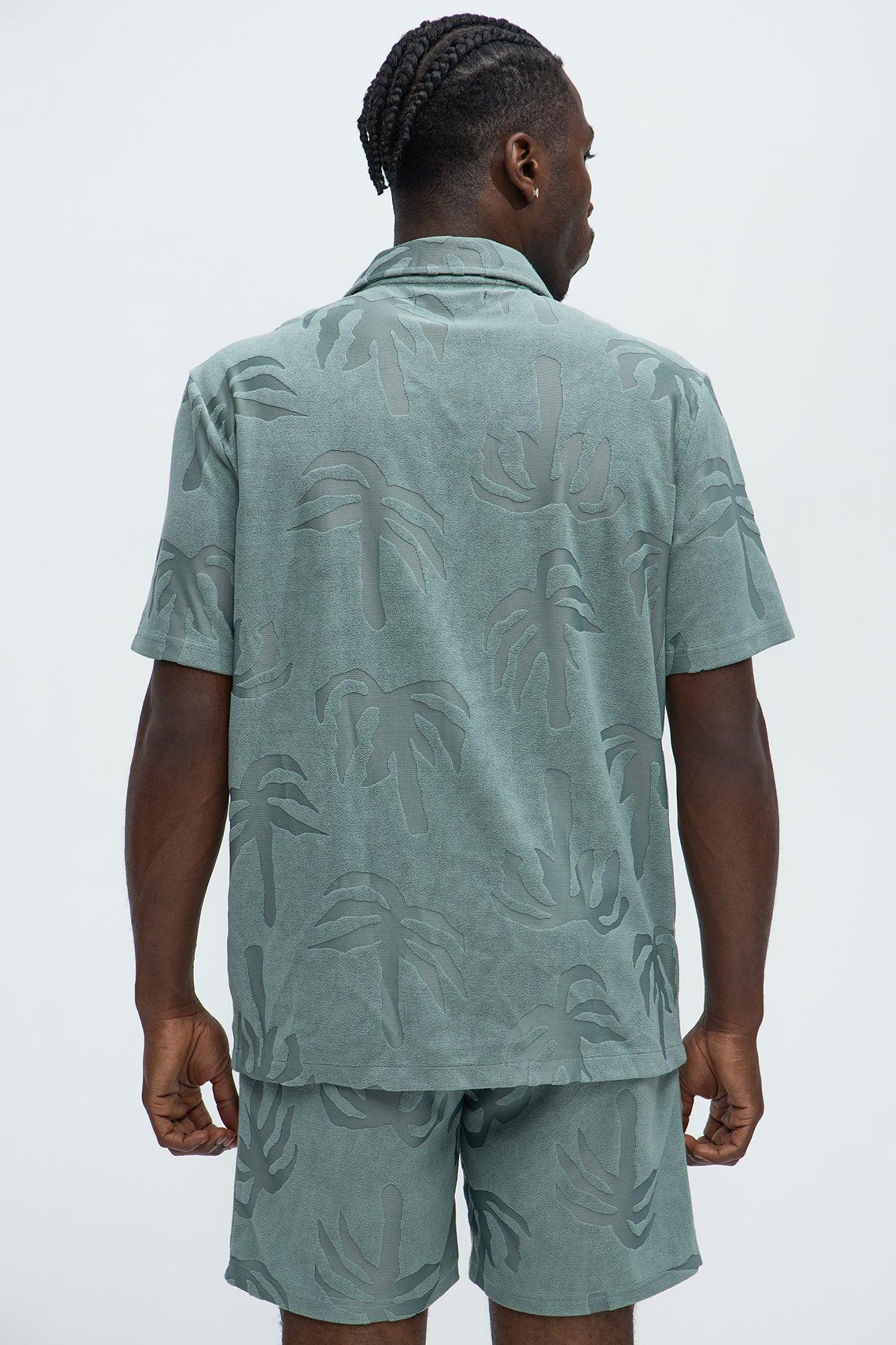 Tropical Trees Jacquard Cuban Button Down Shirts  - Sage Product Image