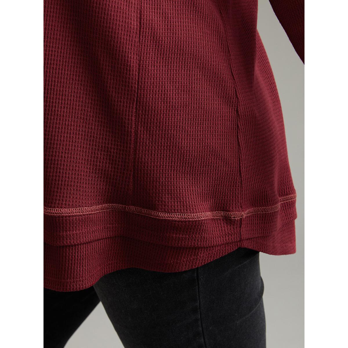 Plus Size Plain Textured Stitch Raglan Sleeve Sweatshirt Women Burgundy Casual Plain V-neck Everyday Sweatshirts BloomChic 12/L Product Image