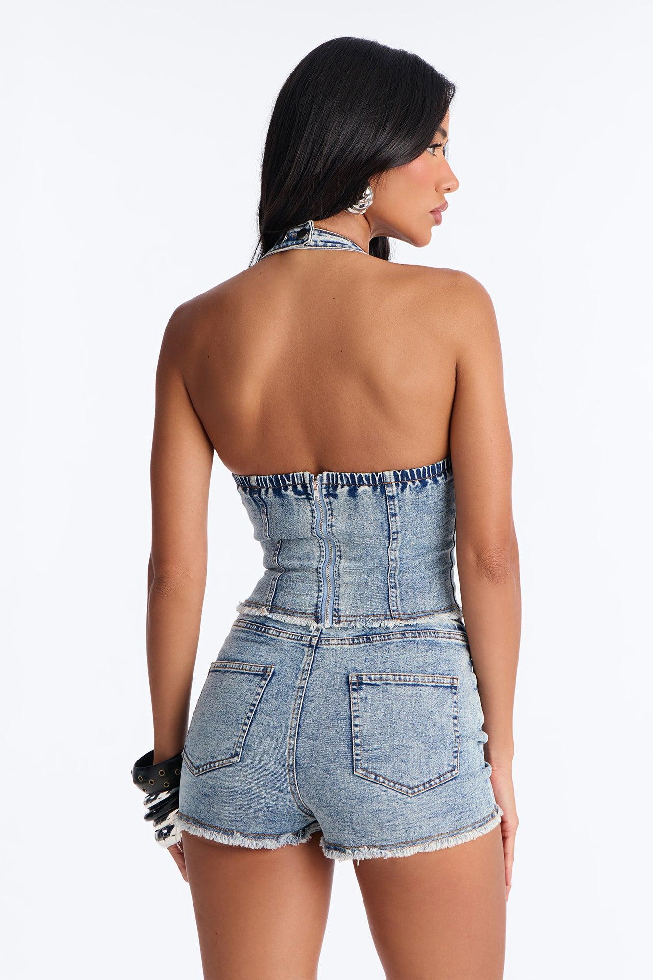 Janet Washed Denim Halter Short Set - Light Wash Female Product Image