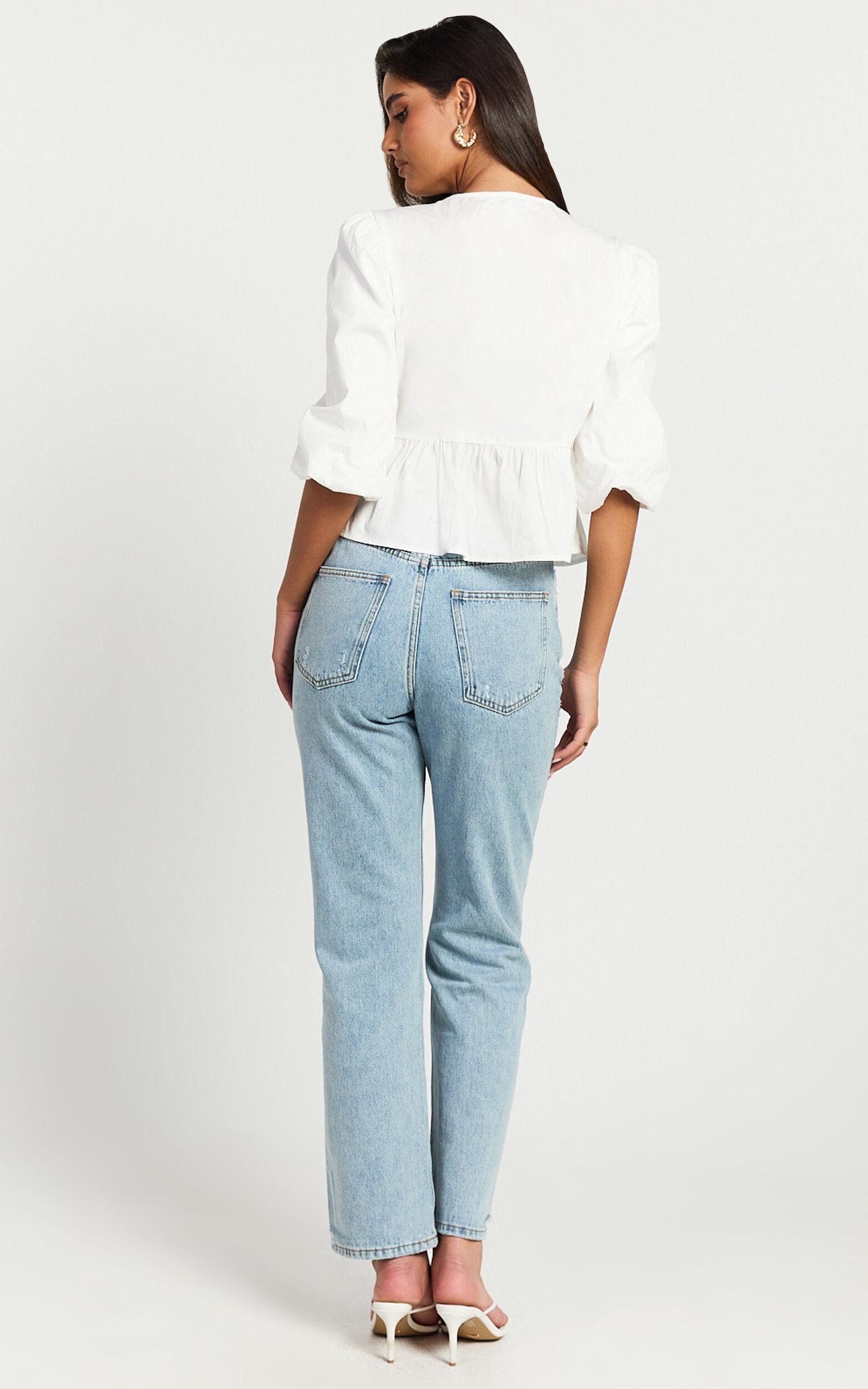 Tara Top - Tie Front Detail Puff Sleeve Top in White Product Image