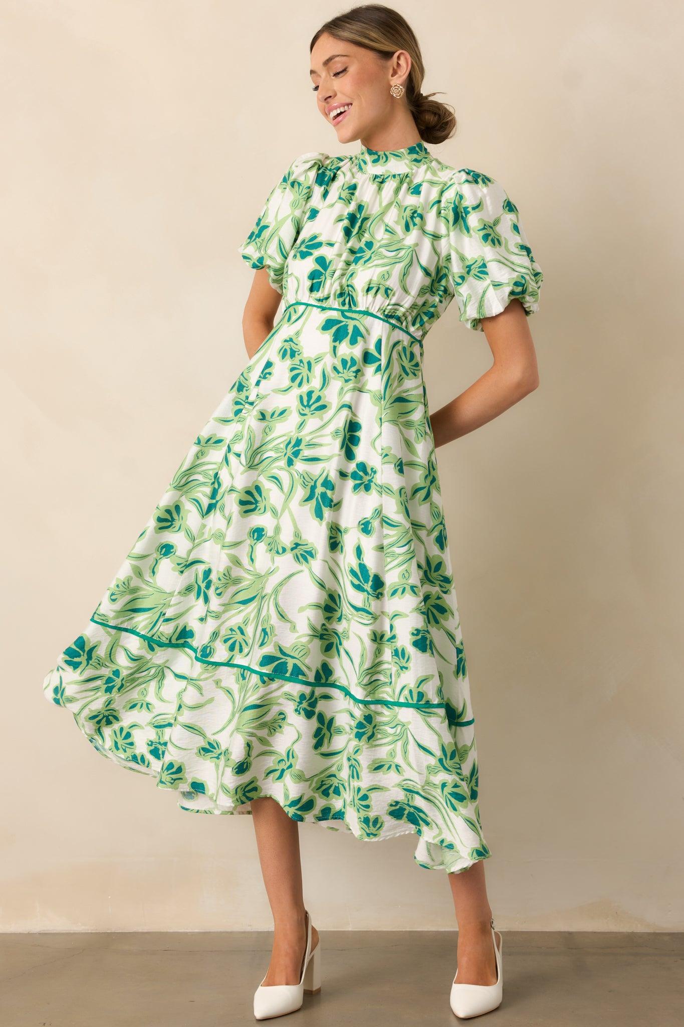 Blooming Season Green Floral Puff Sleeve Midi Dress Product Image
