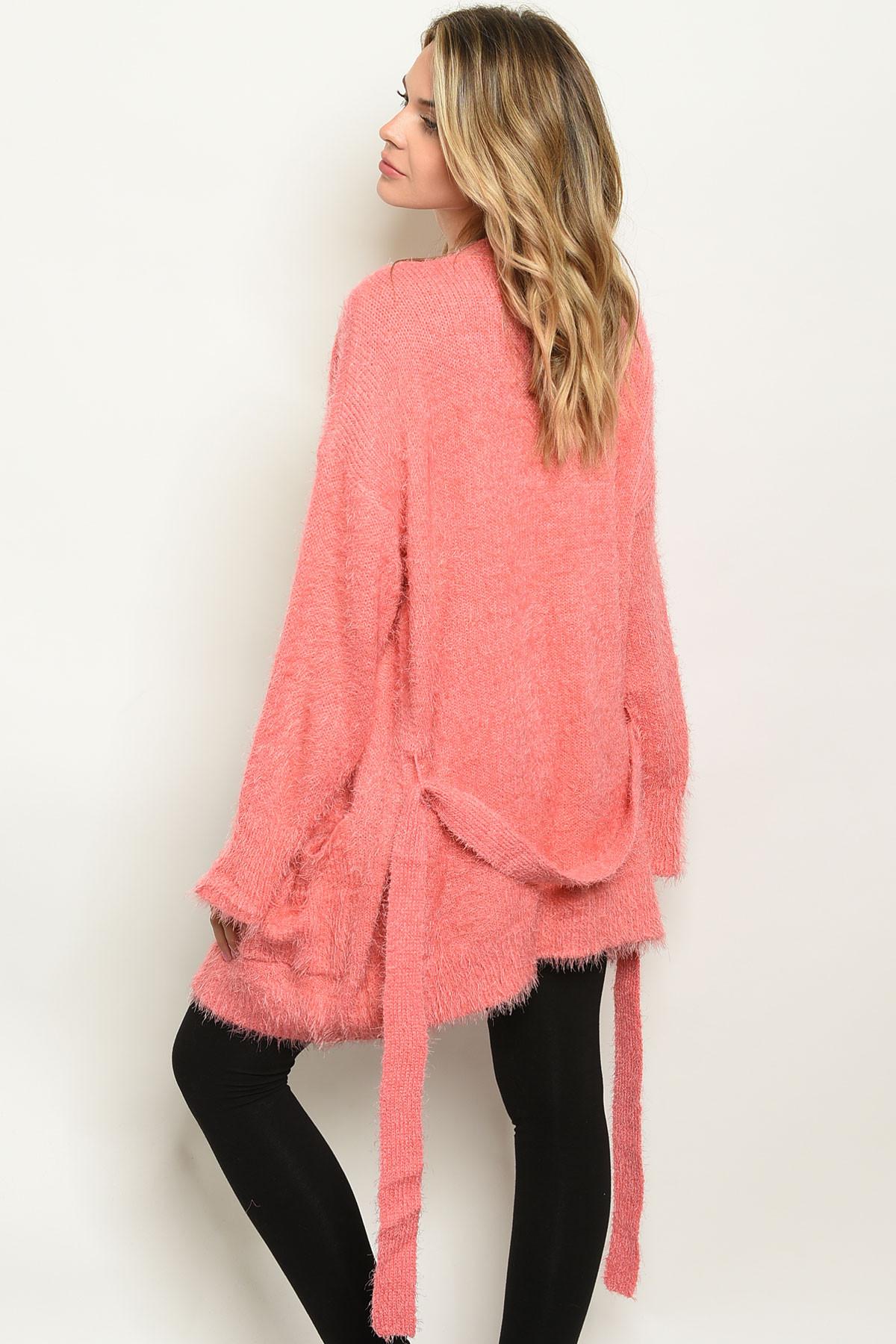 Coral Fuzzy Front Tie Sweater Product Image