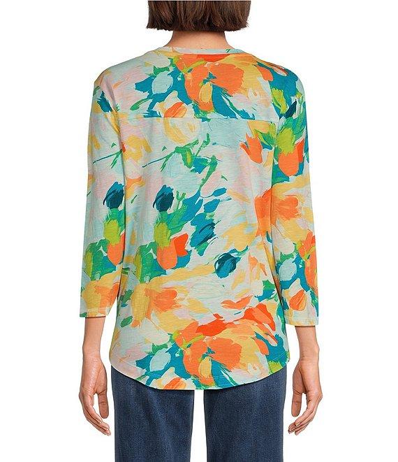 Westbound Paradise Floral 3/4 Sleeve Knit Crew Neck Top Product Image