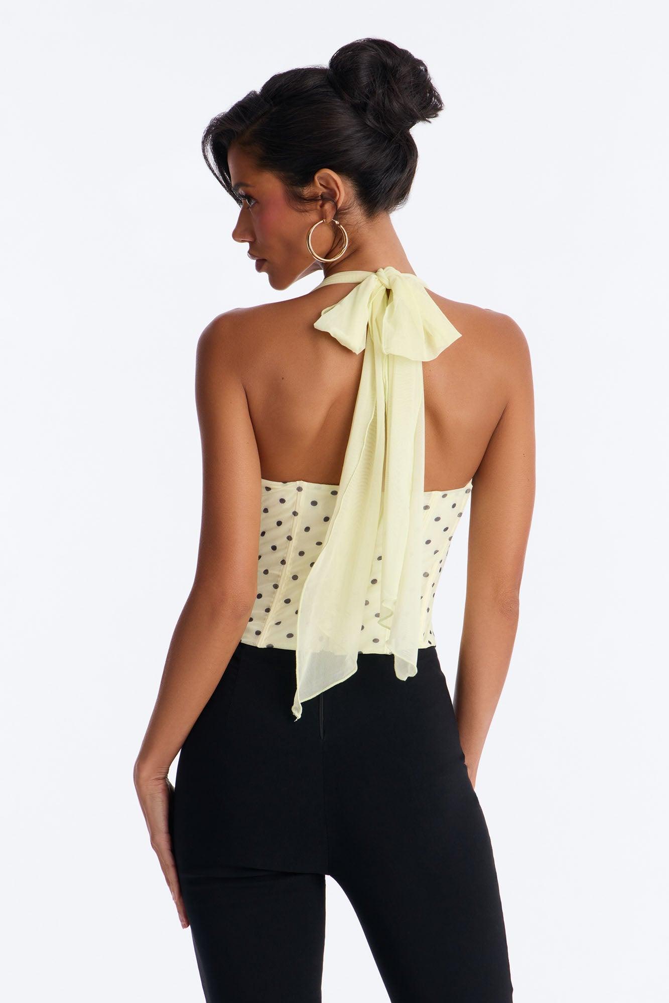 Sabrina Mesh Polka Dot Corset Halter Top - Yellow/combo Female Product Image