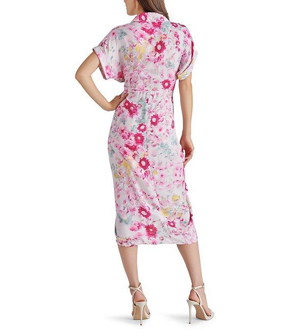 Steve Madden Tori Floral Print Button Down Collar Neck Short Sleeve Satin Midi Dress Product Image