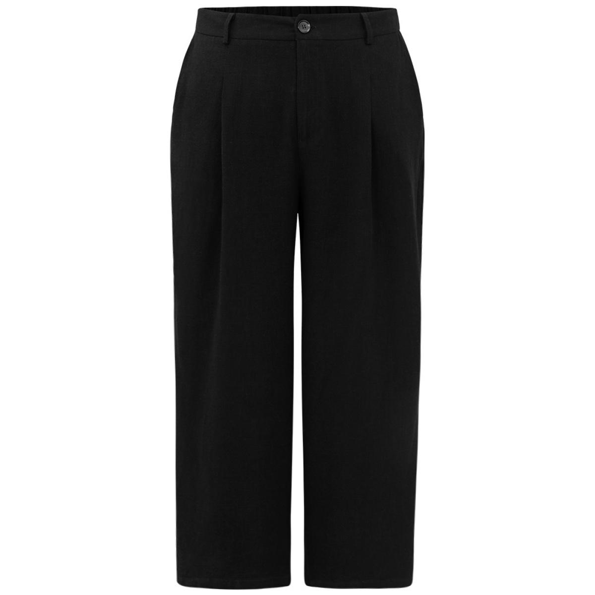 Plus Size Plain Pocket Straight Leg Pants Women Black Office Straight Leg High Rise Office Pants BloomChic 12/L Product Image