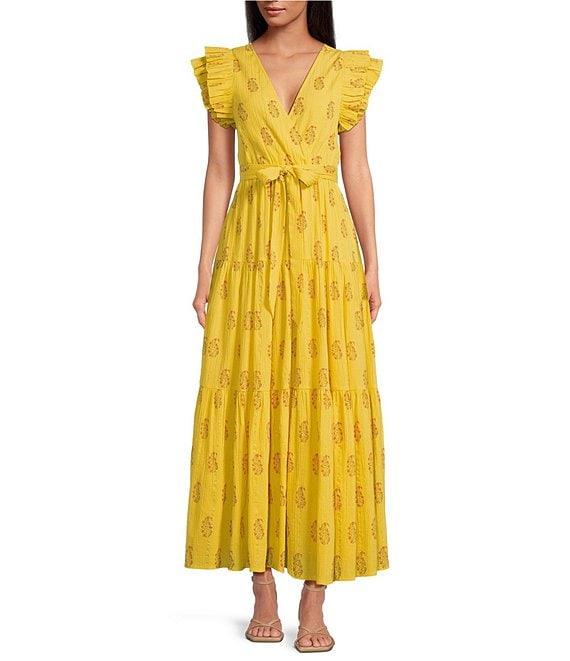 A Loves A Floral Metallic Striped Print Surplice V-Neck Short Ruffled Sleeve Tiered Maxi Dress Product Image