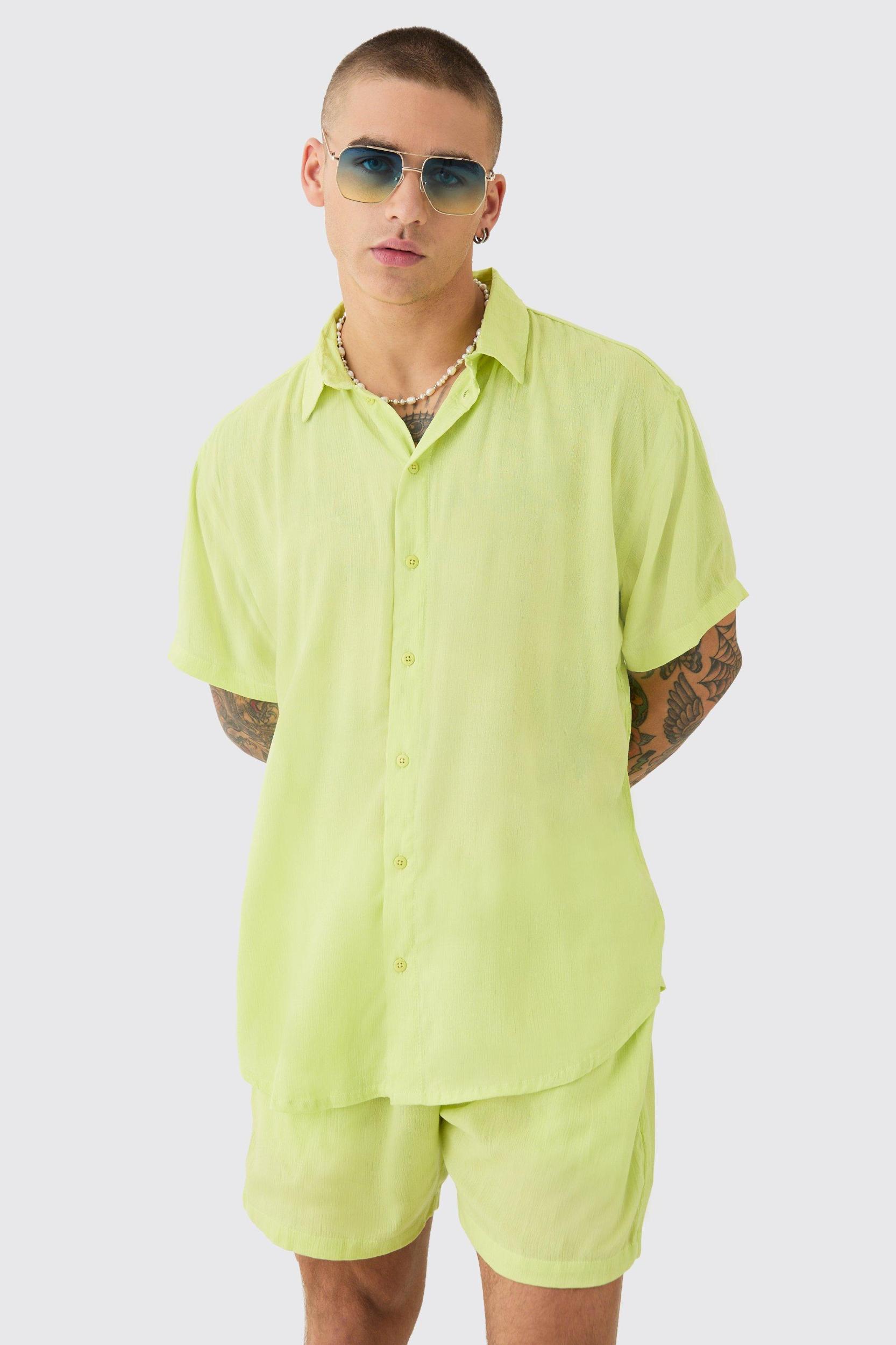 Oversized Short Sleeve Cheese Cloth Shirt And Short Set | boohooMAN USA Product Image