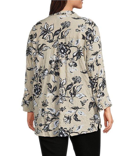 Ali Miles Plus Size Pucker Woven Printed Wire Collar 3/4 Sleeves Button Front Shirt Product Image