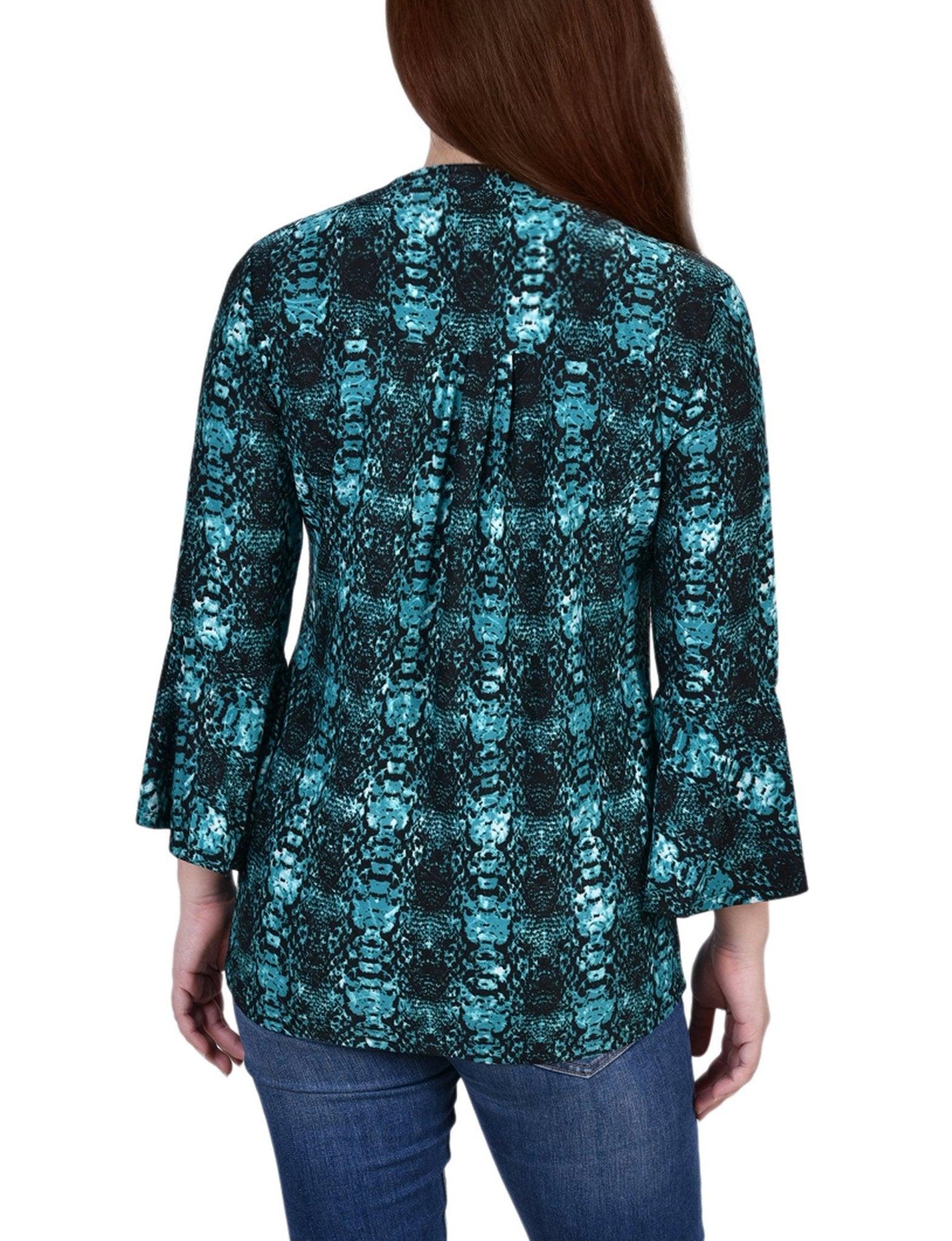 Teal Plaid 3/4 Bell Sleeve Pleat Front Y Neck Top Product Image