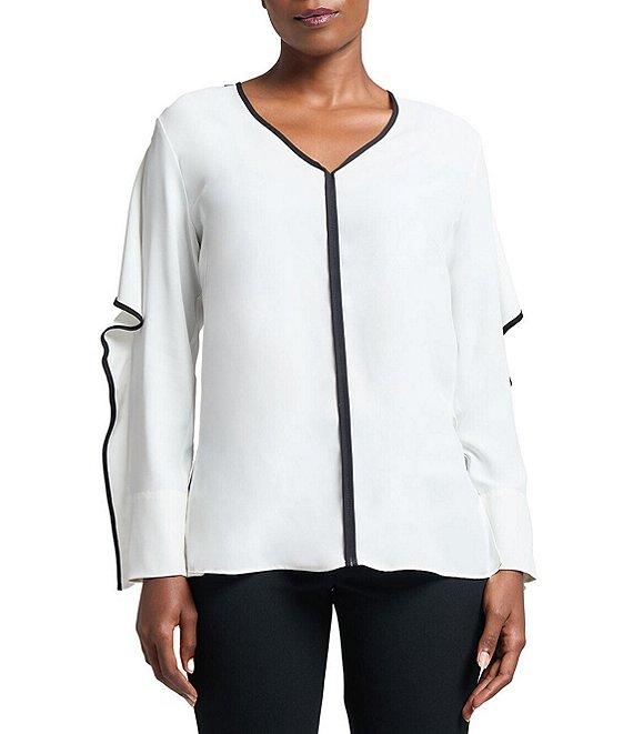 Ming Wang Crepe De Chine Contrast V-Neck Long Ruffle Sleeve Blouse Product Image