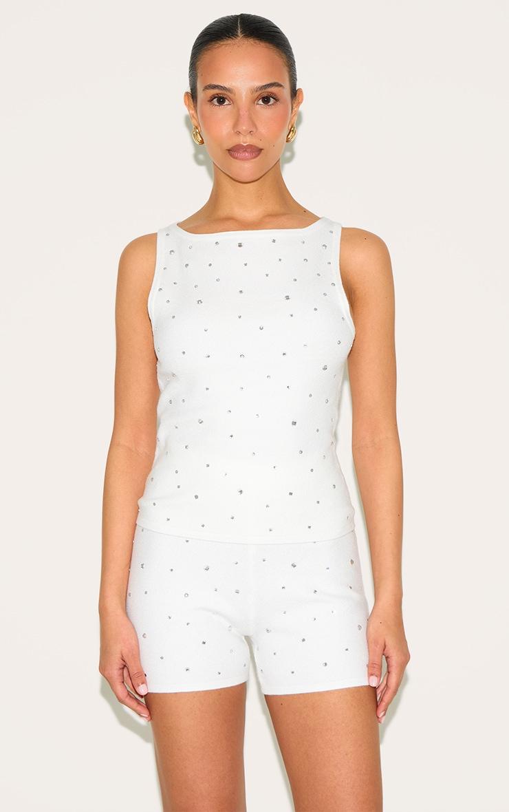 Petite White Knitted Diamante Boatneck Long Top Product Image