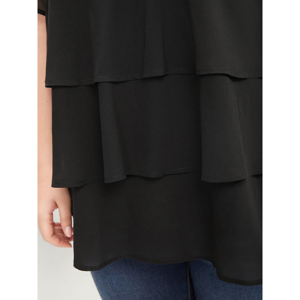 Plus Size Black Plain V Neck Mesh Ruffle Tiered Blouse Women Casual Short sleeve V-neck Dailywear Blouses BloomChic 10/M Product Image