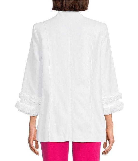 Multiples Linen Blend Georgette Stripe Trim Stand Collar 3/4 Sleeve Open-Front Jacket Product Image