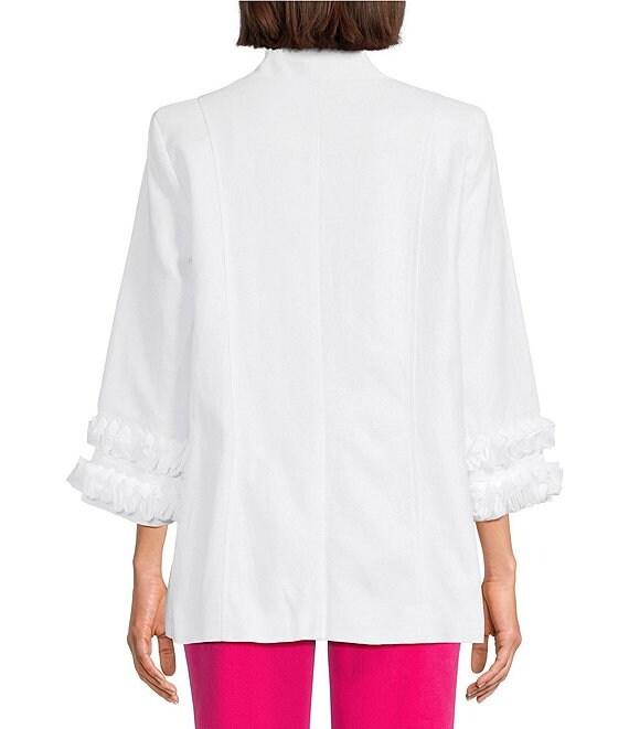 Multiples Linen Blend Georgette Stripe Trim Stand Collar 3/4 Sleeve Open-Front Jacket Product Image