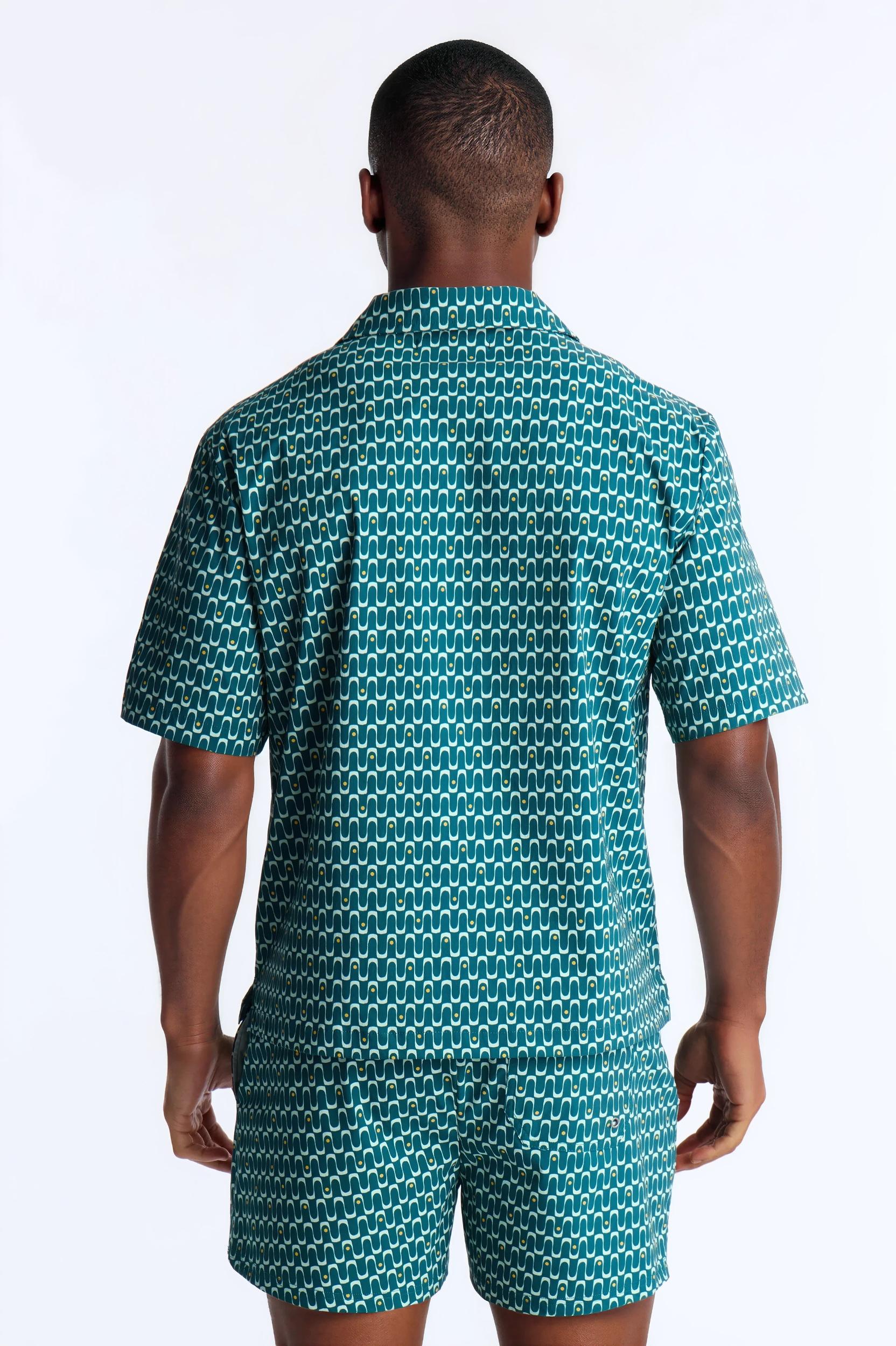 Relaxed Disco Plunge Geometric Cuban Collar Button Up Shirt - Teal/combo Male Product Image