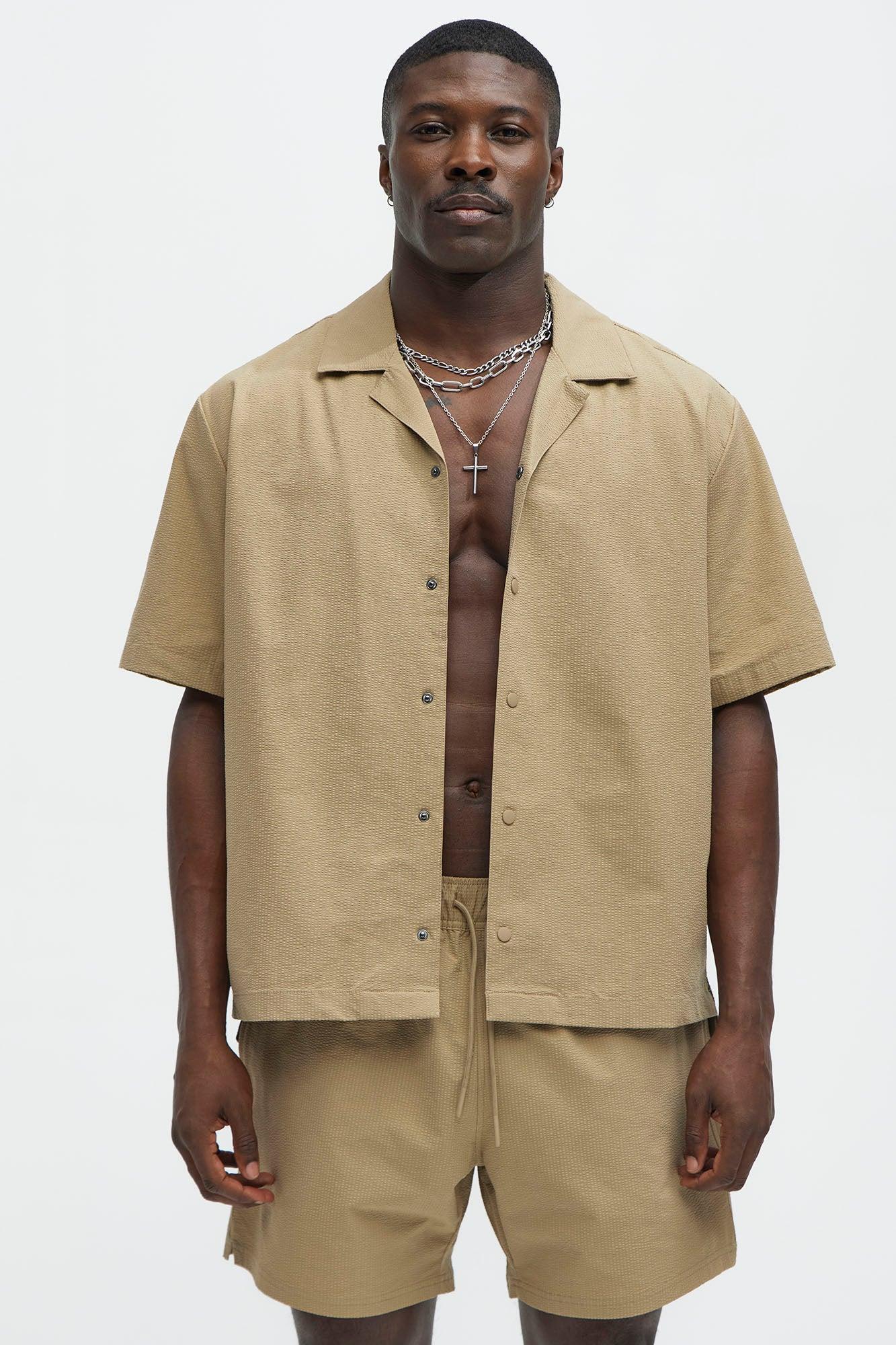 Seersucker Short Sleeve Cuban Collar Shirt - Khaki Product Image