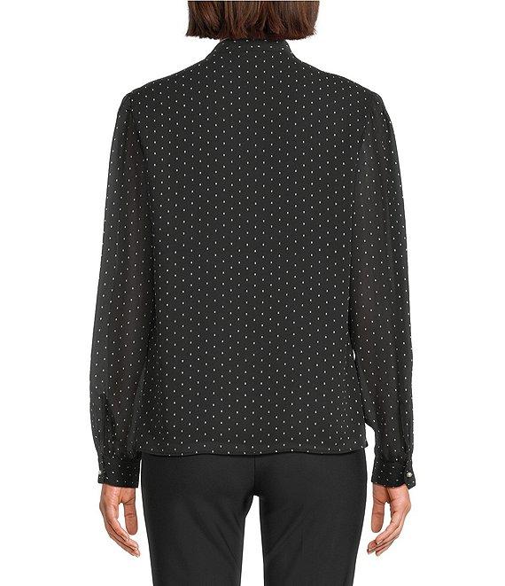 KARL LAGERFELD PARIS Woven Polka Dot Print V-Neck Long Sleeve Ruffle Front Blouse Product Image