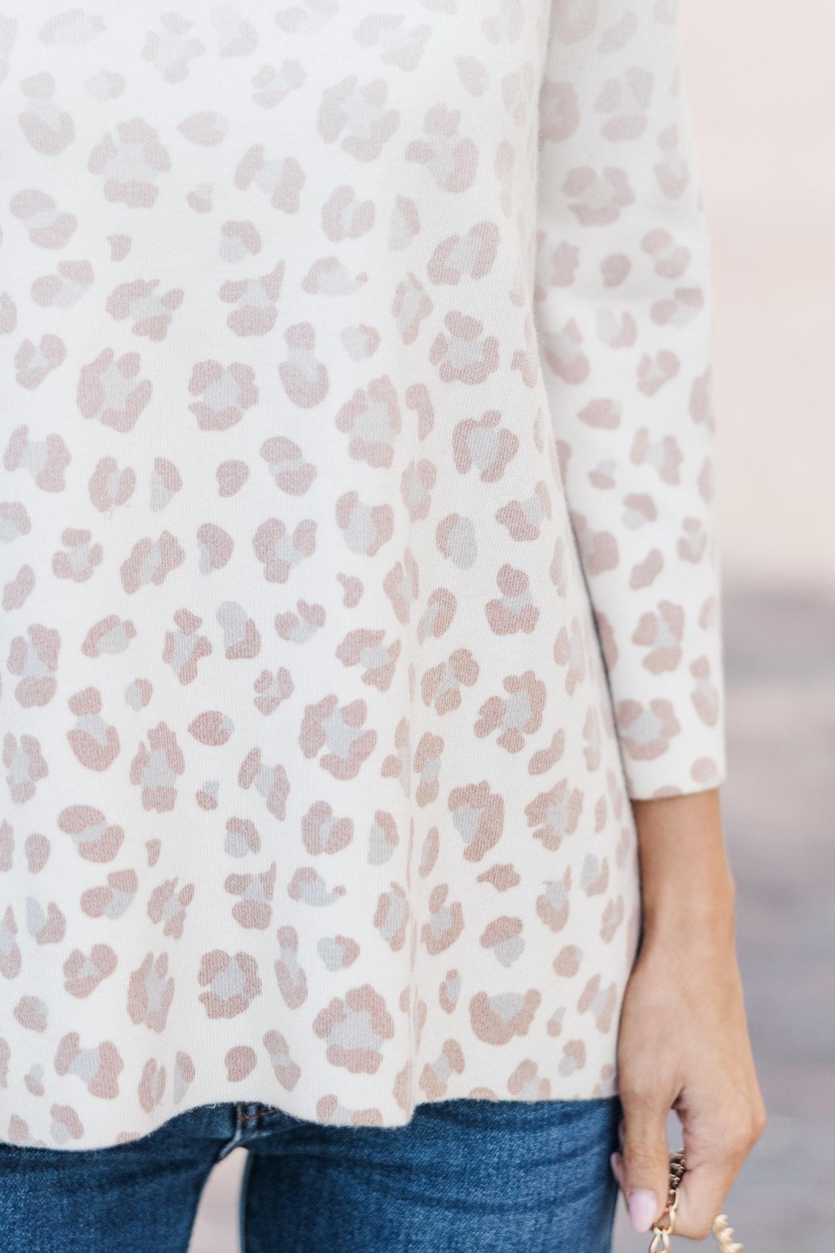 Just A Feeling Cream White Leopard Mock Neck Sweater Female Product Image