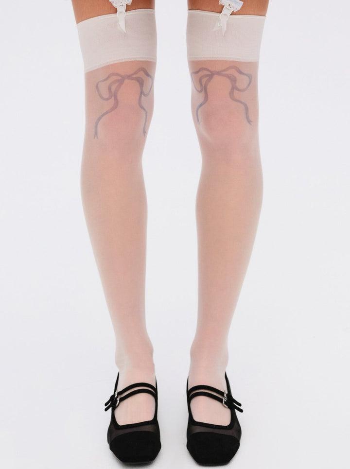 Bow Printed Thigh-High Socks — White Product Image