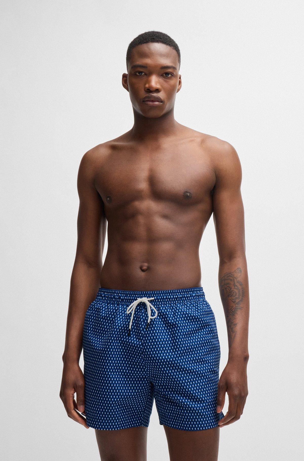 BOSS - Drawstring-waist swim shorts with all-over print - Blue Product Image