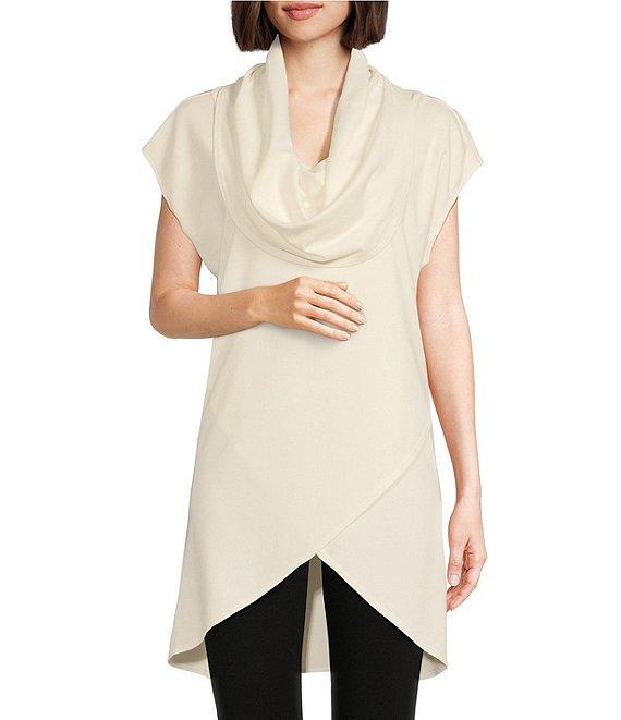 Bryn Walker Lavinia Stretch Jersey Modal Ponte Cowl Neck Short Sleeve Crossover High-Low Hem Tunic Product Image