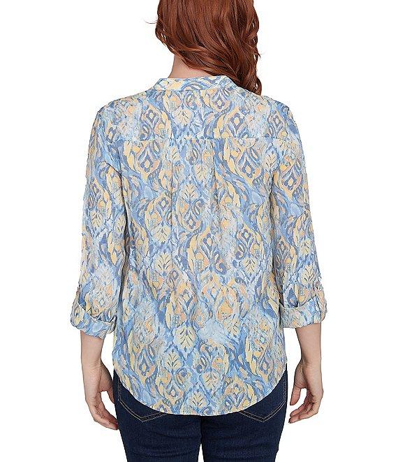 Ruby Rd. Petite Size Woven Printed Band V-Neck 3/4 Roll-Tab Sleeve Pleated Top Product Image
