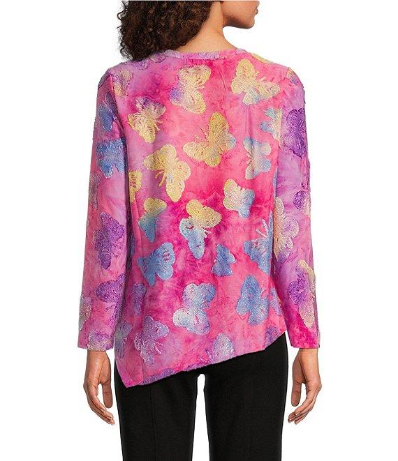 Calessa Petite Size Burnout Tie-Dye Crew Neck Long Sleeve Asymmetrical Hem Tunic Product Image