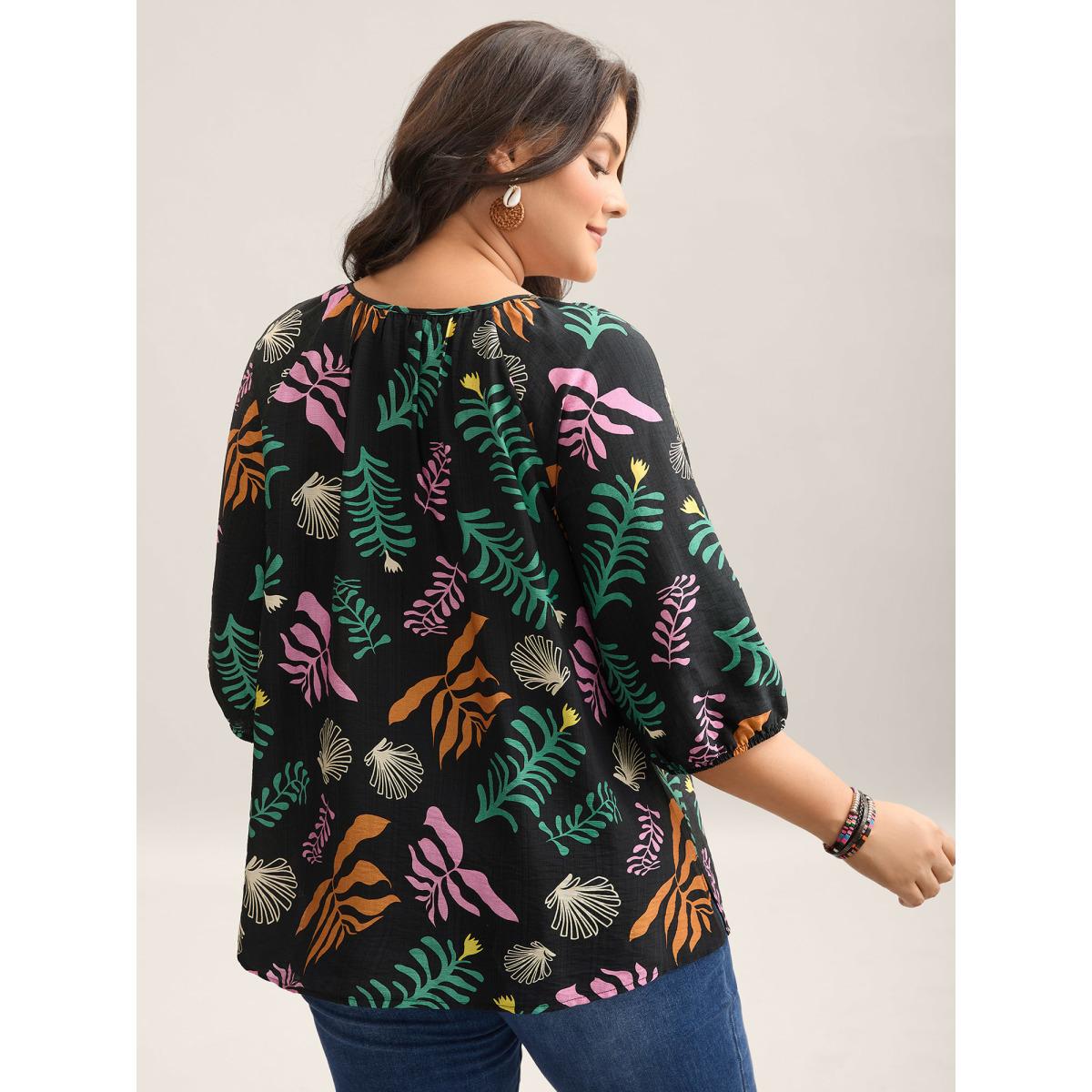Plus Size Black Multi-Color Leaf Print Tassels Blouse Women Elbow-length sleeve Notched collar Vacation Blouses BloomChic 30/6X Product Image