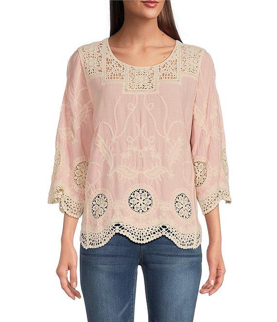 Leo & Nicole Woven Allover Embroidered Scoop Neck 3/4 Sleeve Lace Yoke Top Product Image