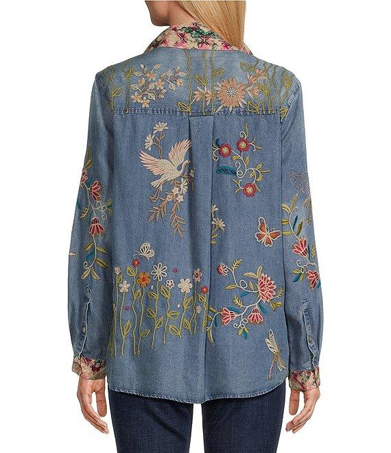 John Mark Embroidered Mixed Media Collar Long Sleeve Button Down Top Product Image