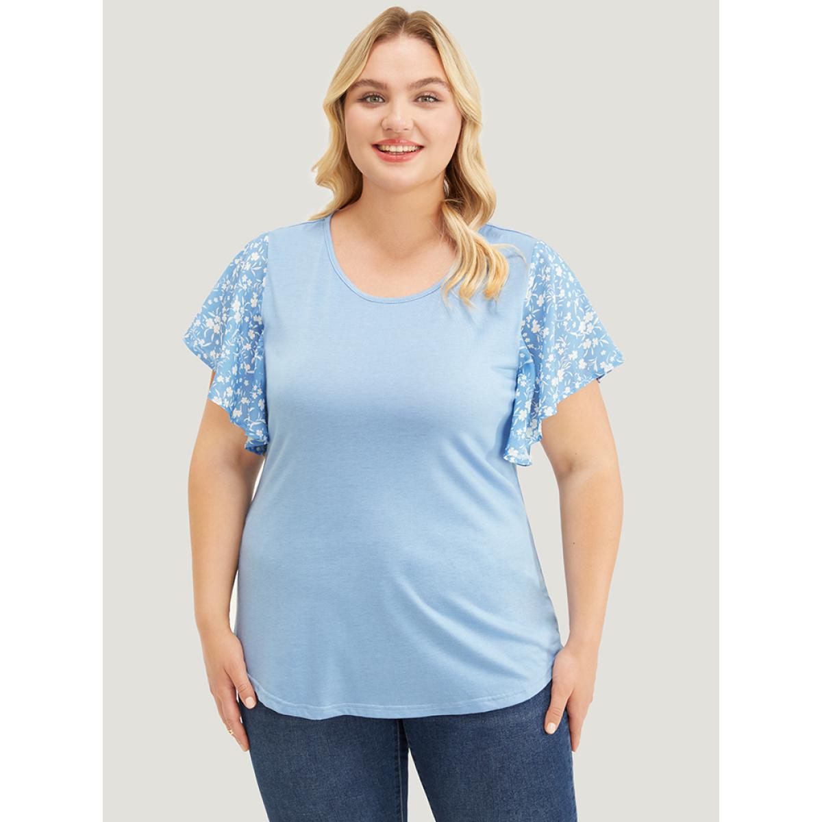 Plus Size Ditsy Floral Ruffle Sleeve Round Neck T-Shirt Stone Women Elegant Ditsy Floral Everyday T-shirts BloomChic 22-24/3X Product Image