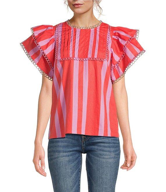 Sugarlips Azalea Stripe Print Crew Neck Short Sleeve Woven Top Product Image