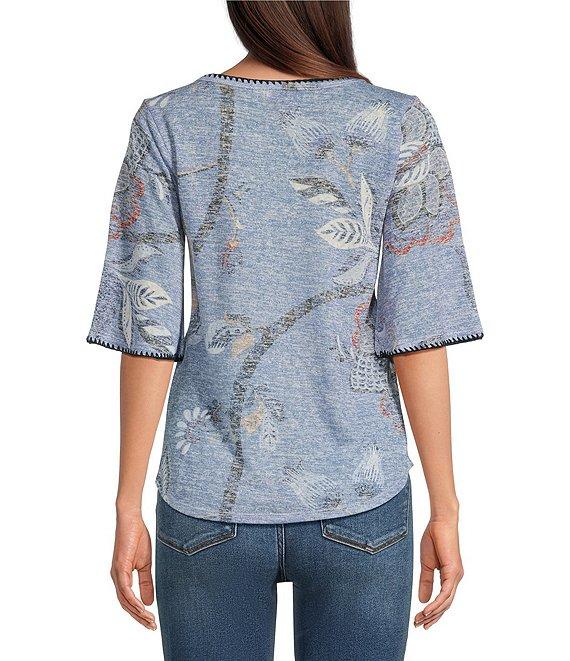 Bobeau Knit Paisley Print Crew Neck Elbow Sleeve Stitch Tee Product Image