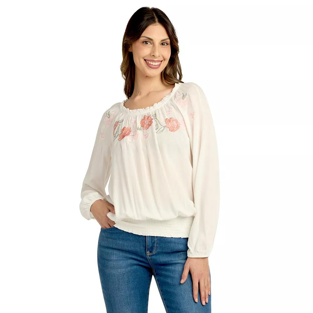 Women's AB Studio Ruffle Neck Elastic Hem Embroidery Top,  Product Image