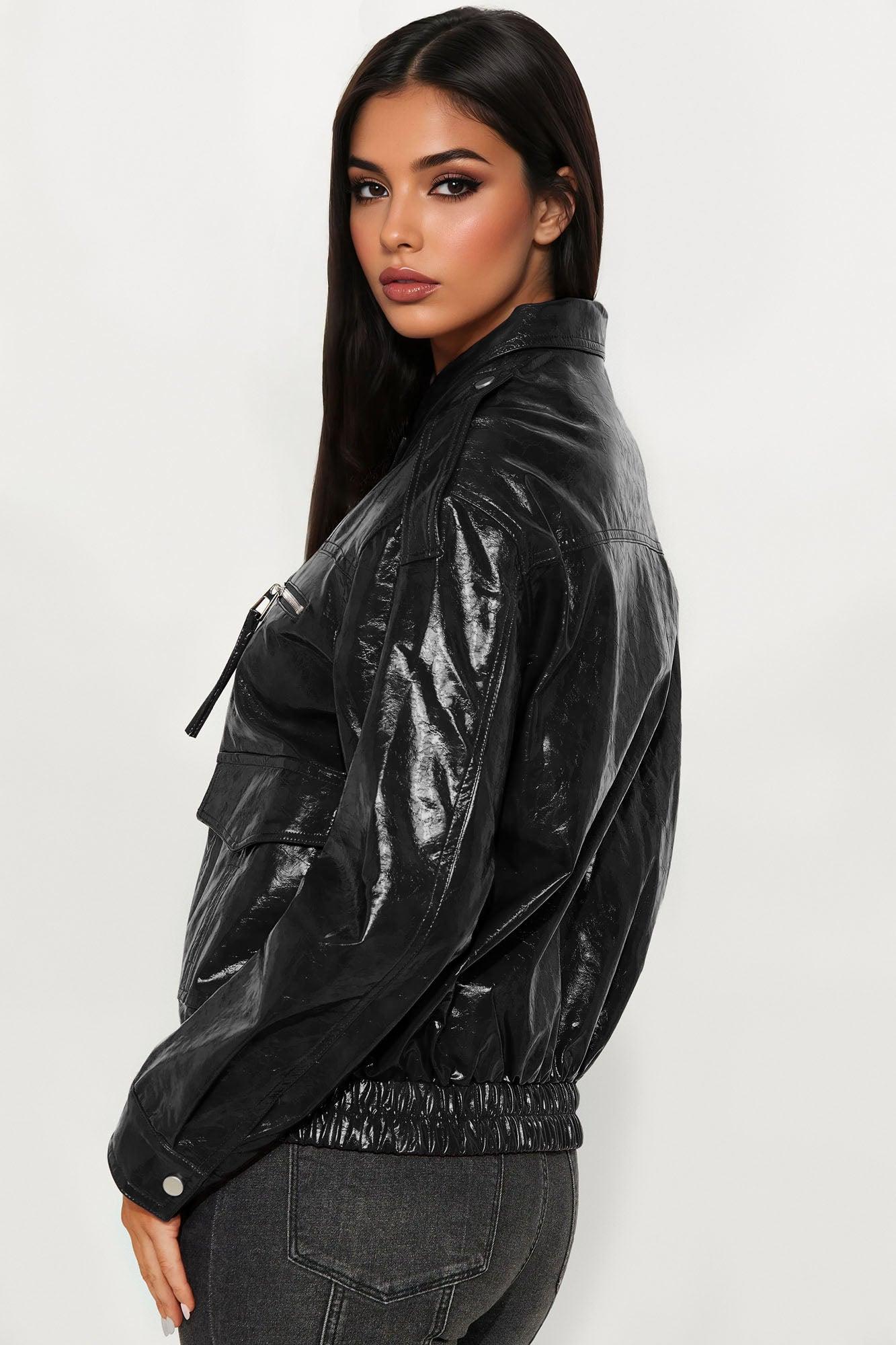 Follow My Lead Faux Leather Oversized Bomber Jacket - Burgundy Female Product Image