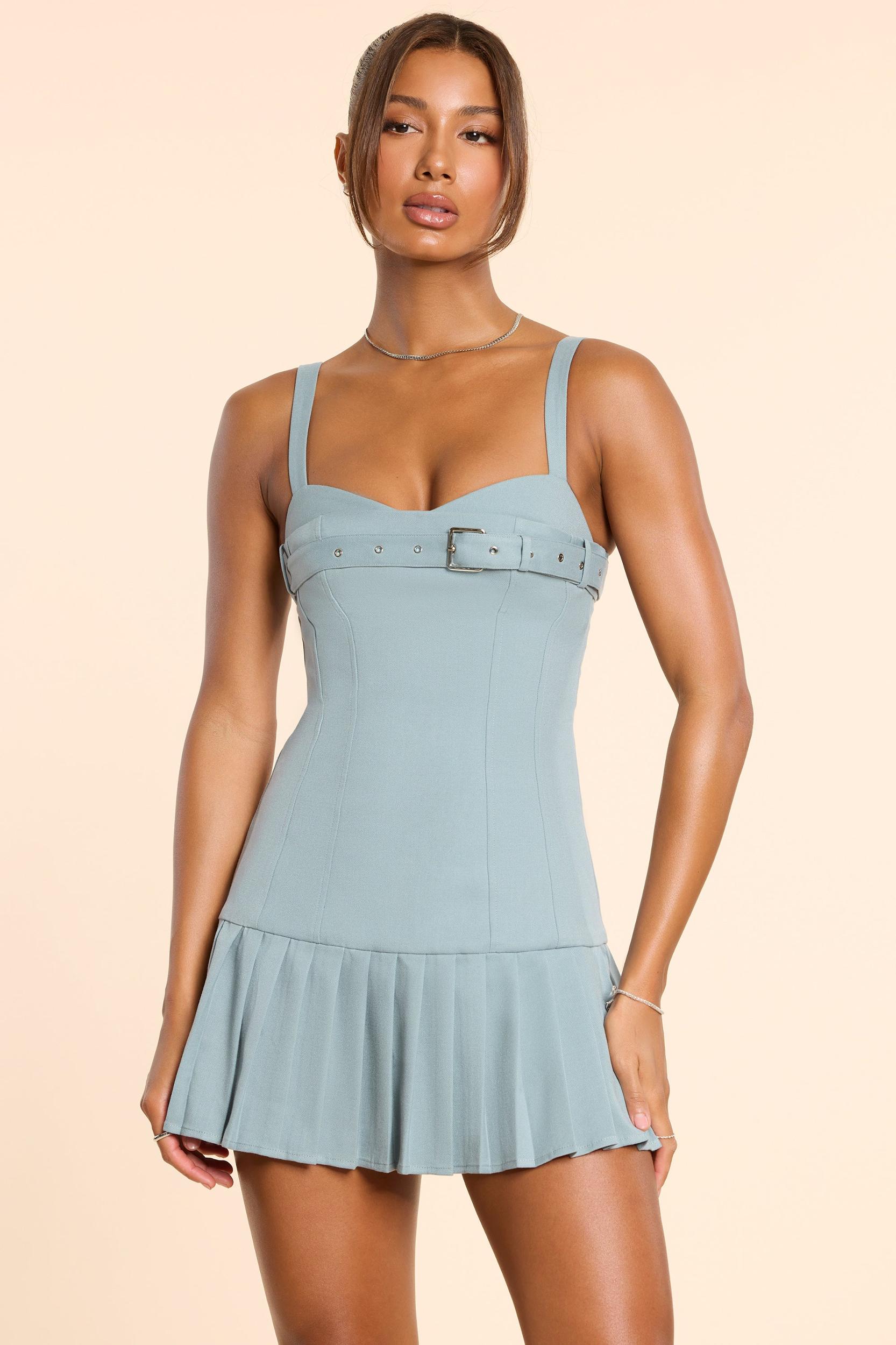 Brushed Twill Drop Waist Kilt Mini Dress in Stone Blue Product Image