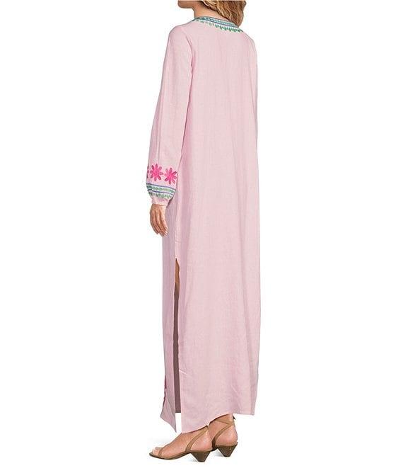 SAIL to SABLE Woven Floral Embroidered Split V-Neck Long Sleeve Caftan Dress Product Image