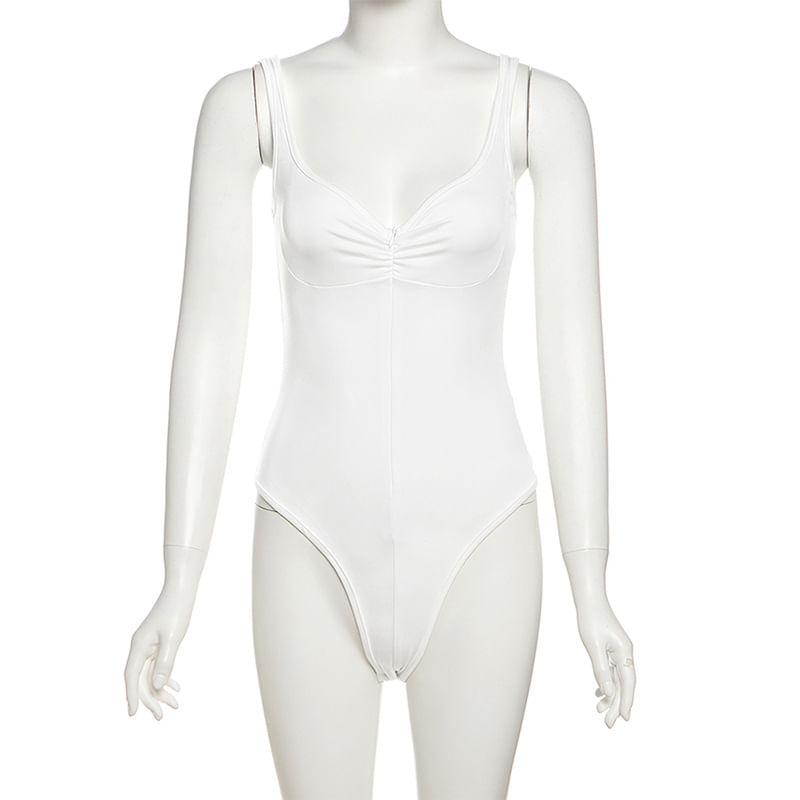 Sleeveless V-Neck Plain Ruched Zip Bodysuit Top Product Image