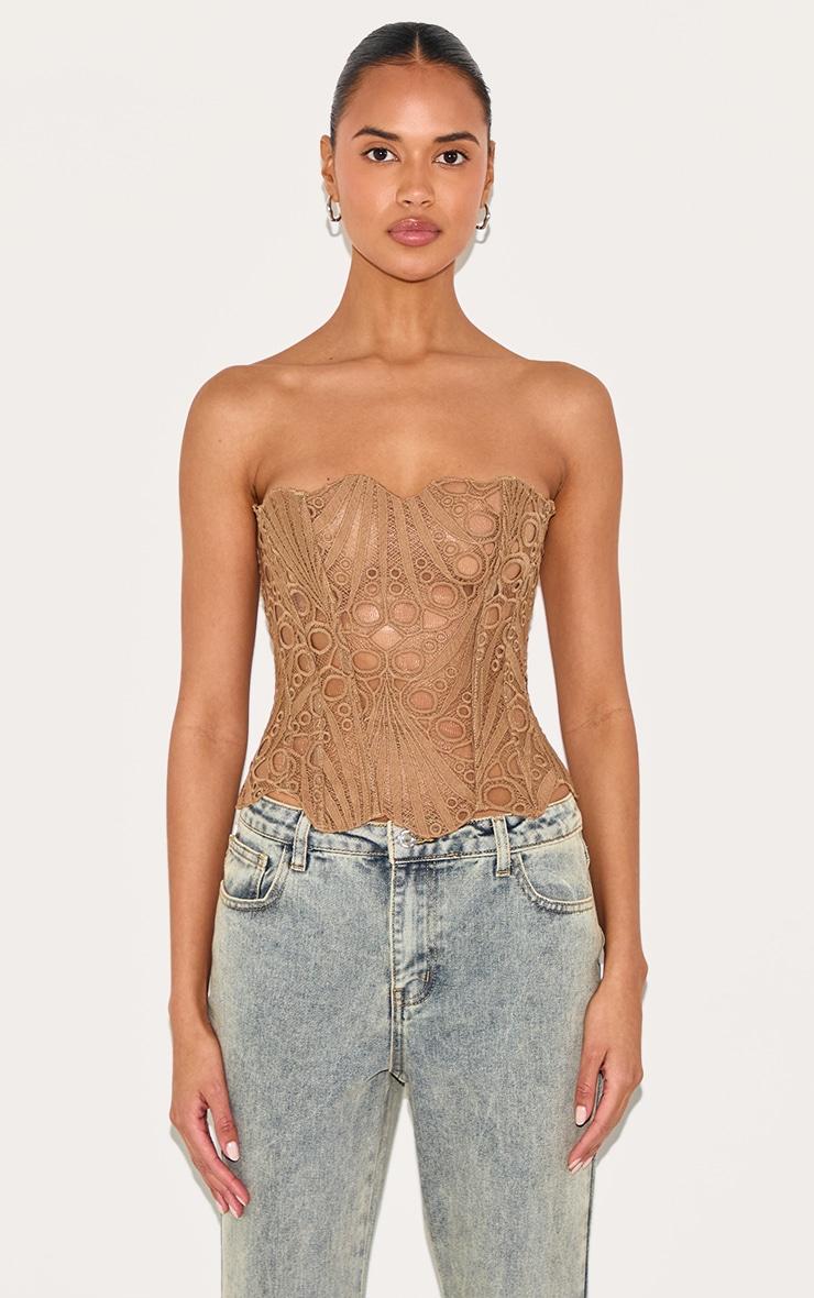 Brown Textured Sheer Floral Lace Corset Product Image