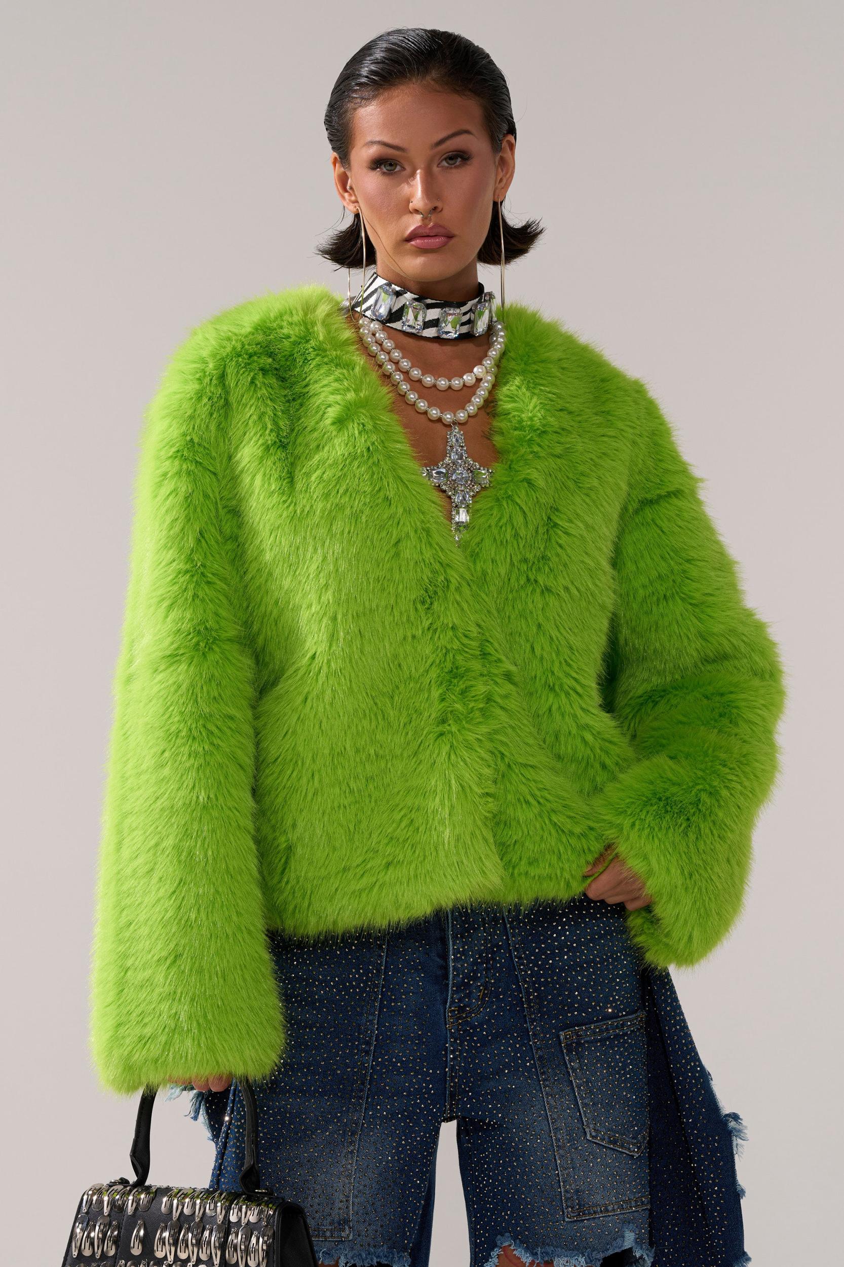 SLIME TIME FAUX FUR COAT IN LIME Product Image