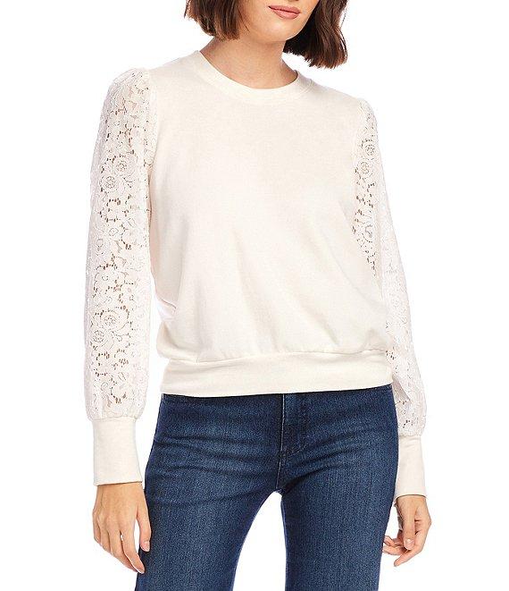 Karen Kane Crew Neck Long Contrast Lace Sleeve Top Product Image